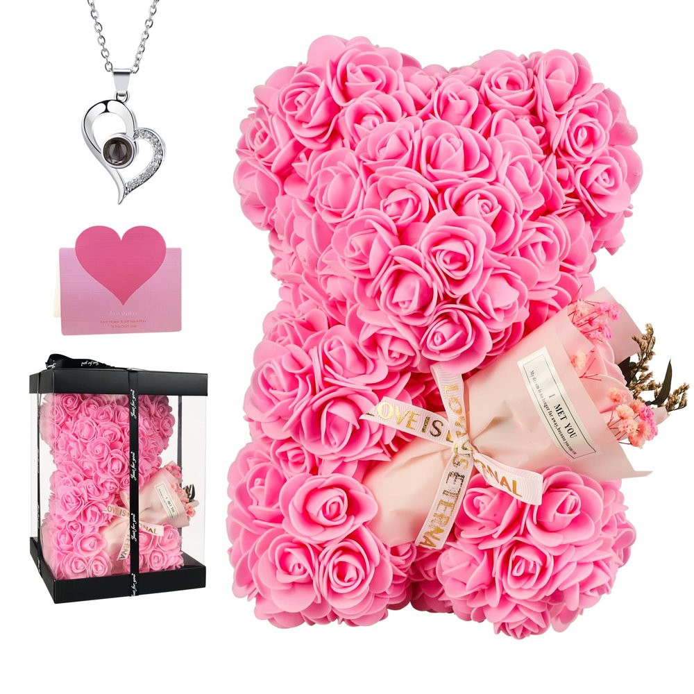Valentines Day Rose Bear Gift for Women, Flowers Gifts for Mom Wife Grandma Daughter Friends Sister Her,Artificial Flowers Teddy Bear with Bouquet,Greeting Card,Mother's Day Birthday Christmas