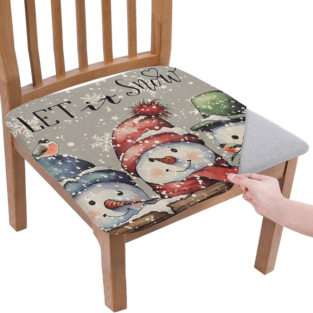 Christmas Chair Seat Covers for Dining Room Stretch Chair Seat Covers Set of 6, Chair Seat Protector Cushion Slipcovers for Kitchen Restaurant Office Shabby Chic Farmhouse Snowman Winter Snowflake