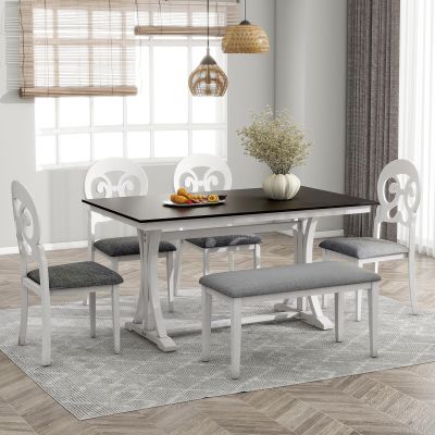 6-Piece Retro Dining Table Set, Rectangular Kitchen Table Set with 4 Victorian Round Upholstered Chairs and 1 Bench Dining Room Table Set for 6 People for Restaurant, Living Table, Gray+Antique White