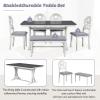 6-Piece Retro Dining Table Set, Rectangular Kitchen Table Set with 4 Victorian Round Upholstered Chairs and 1 Bench Dining Room Table Set for 6 People for Restaurant, Living Table, Gray+Antique White view 3