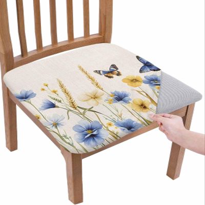 Butter-fly Leaves Chair Seat Covers for Dining Room Stretch Chair Seat Covers Set of 4,Chair Seat Protector Cushion Slipcovers for Kitchen Restaurant Office Elegant Fall Yellow Blue Yellow Daisy Beige