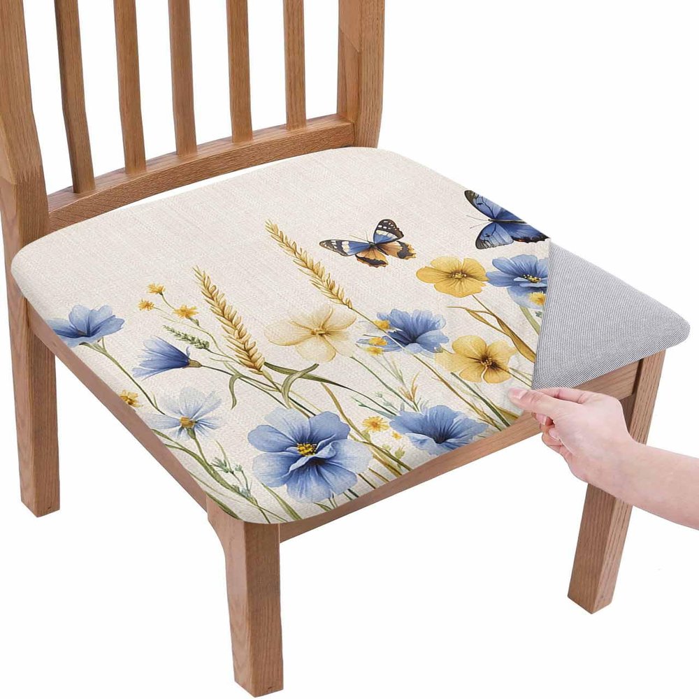 Butter-fly Leaves Chair Seat Covers for Dining Room Stretch Chair Seat Covers Set of 4,Chair Seat Protector Cushion Slipcovers for Kitchen Restaurant Office Elegant Fall Yellow Blue Yellow Daisy Beige