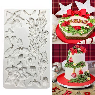 Fondant Silicone Mold,Christmas Tree Poinsettia Silicone Sugarcraft Mold Fondant Cake Decorating Tools Candy Chocolate Mold 20.2x11.6cm