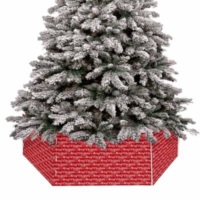Christmas Tree Collar, Merry Christmas Tree Skirts Xmas Tree Trunk Ring Collar Box Stand Cover for Artificial Trees Base Holder Cover Festival Decor White Words Filling Christmas Red