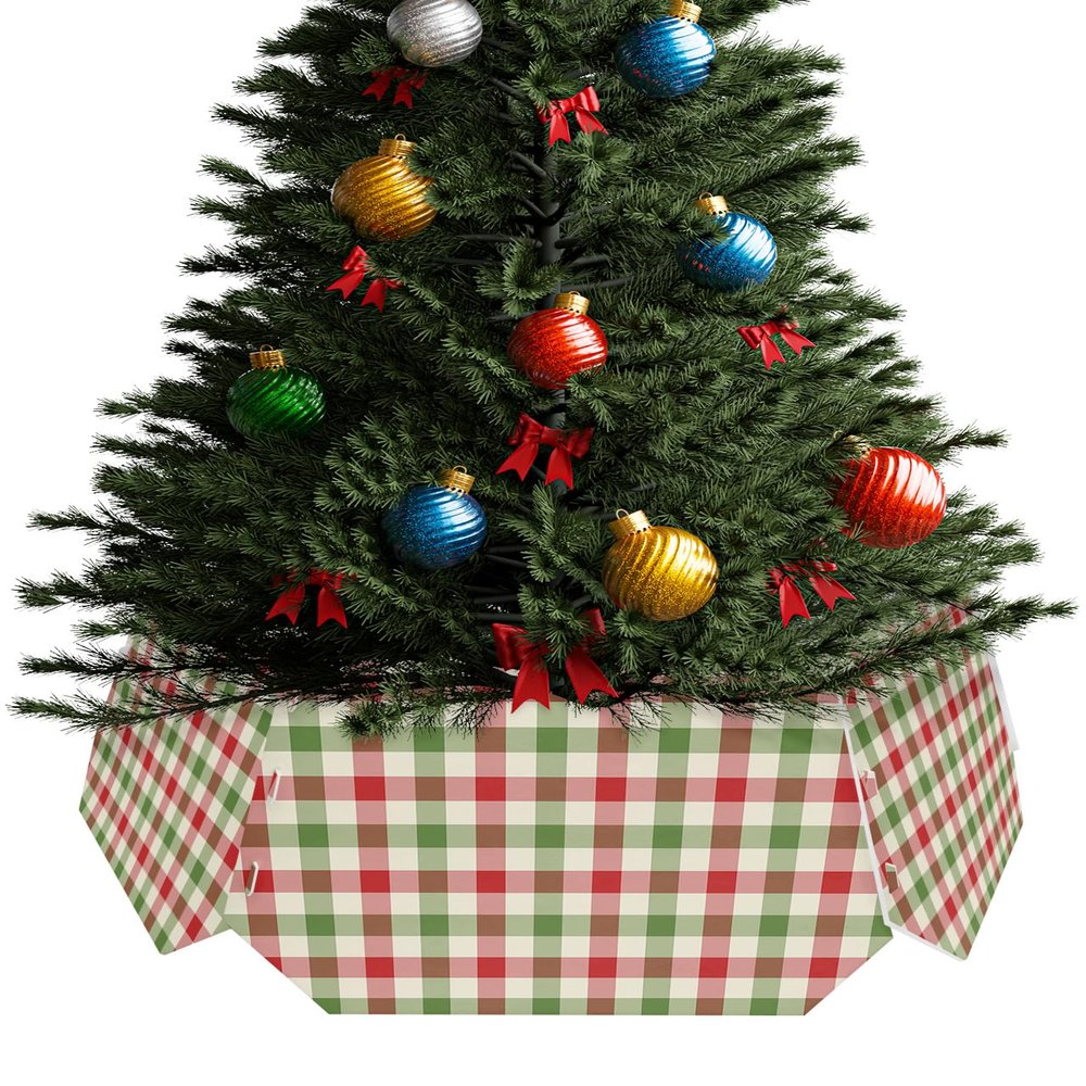 Christmas Tree Collar, Merry Christmas Tree Skirts Xmas Tree Trunk Ring Collar Box Stand Cover for Artificial Trees Base Holder Cover Festival Decor Green Red Buffalo Plaid Checkered
