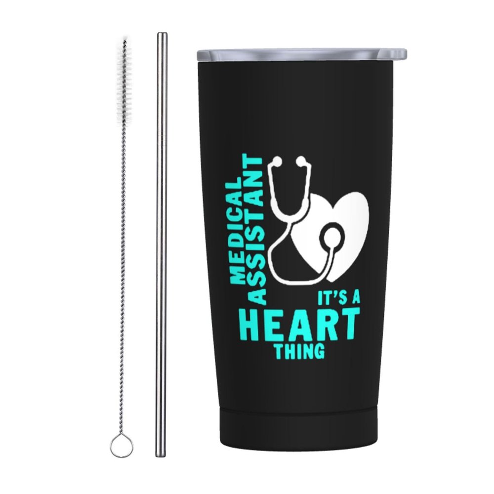 ADTEMP Medical Assistant Heart Cup 20oz Stainless Steel Straw Cover Cup, Car Cup, Coffee Cup, Cup With Cover Suitable For Cars And Offices Black