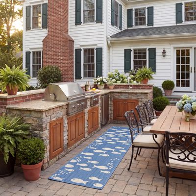 SAFAVIEH Washable Rug Outdoor Courtyard Collection - 2'3" x 20' Runner, Blue & Beige, Non-Shedding & Easy Cleaning, Ideal for Patio, Entryway, Mudroom, Hallway, Kitchen (CY6012-233)