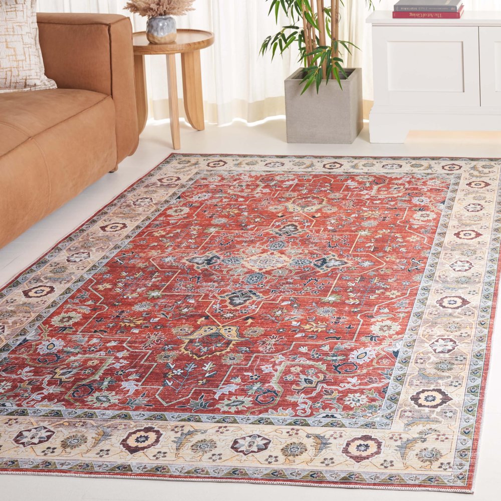 Safavieh Washable Rug Arizona Collection - 6' Square, Rust & Beige, Slip Resistant & Easy to Clean, Ideal for Living Room, Bedroom, Home Office, Dining Space (ARZ126P)