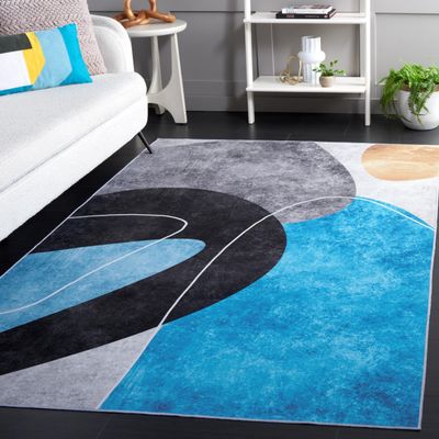 SAFAVIEH Washable Rug Malibu Collection - 6' x 9', Dark Grey & Turquoise, Slip Resistant & Easy Cleaning, Ideal for Living Room, Bedroom, Home Office, Nursery, Kids Playroom, Dining Space (MBU837G)