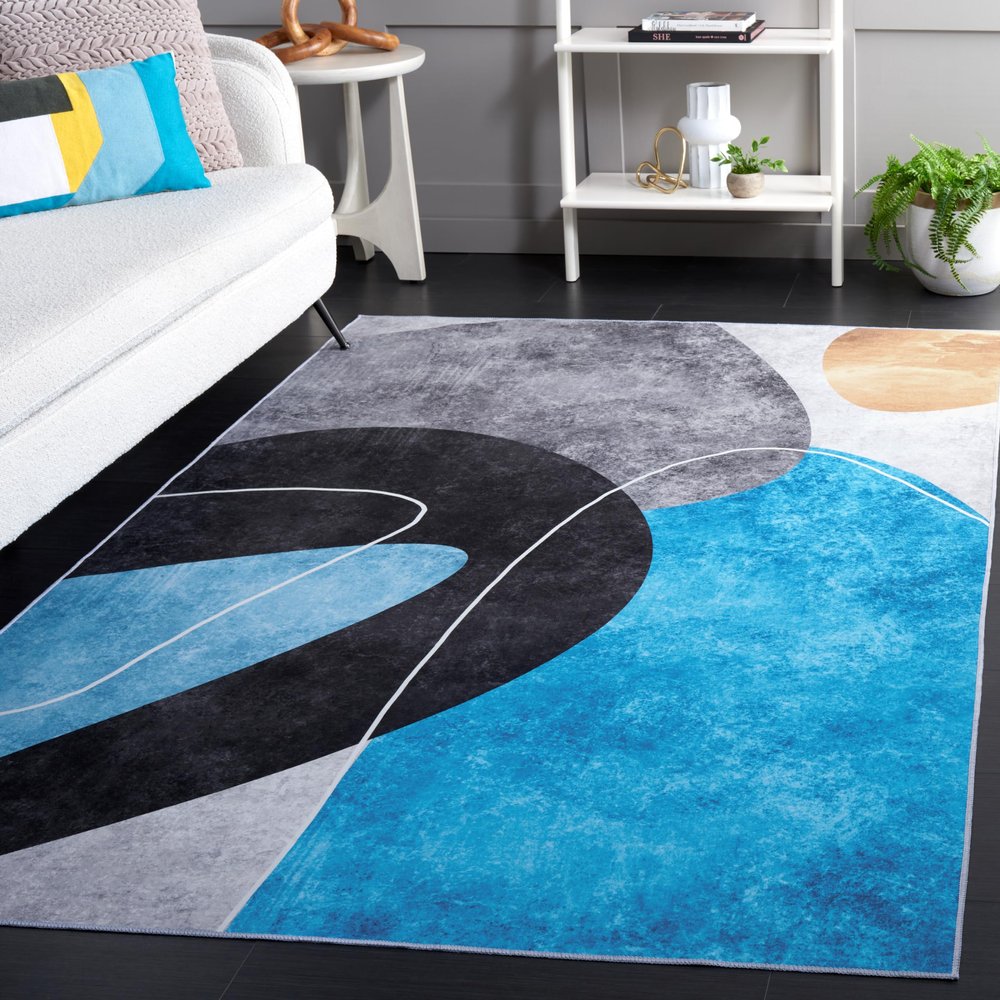 SAFAVIEH Washable Rug Malibu Collection - 6' x 9', Dark Grey & Turquoise, Slip Resistant & Easy Cleaning, Ideal for Living Room, Bedroom, Home Office, Nursery, Kids Playroom, Dining Space (MBU837G)
