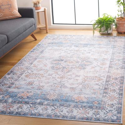 Safavieh Washable Rug Arizona Collection - 4' x 6', Ivory & Light Blue, Slip Resistant & Easy to Clean, Ideal for Foyer, Kitchen, Nursery, Office, Bedroom (ARZ128F)