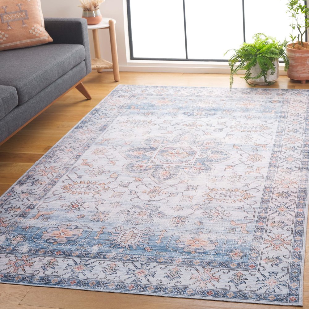 Safavieh Washable Rug Arizona Collection - 4' x 6', Ivory & Light Blue, Slip Resistant & Easy to Clean, Ideal for Foyer, Kitchen, Nursery, Office, Bedroom (ARZ128F)