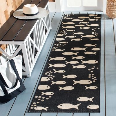 SAFAVIEH Washable Rug Outdoor Courtyard Collection - 2'3" x 22' Runner, Black & Beige, Non-Shedding & Easy Cleaning, Ideal for Patio, Entryway, Mudroom, Hallway, Kitchen (CY6012-256)