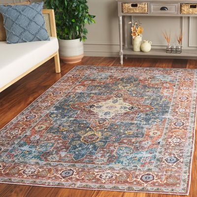 Safavieh Washable Rug Arizona Collection - 6' Square, Rust & Blue Green, Slip Resistant & Easy to Clean, Ideal for Living Room, Bedroom, Home Office, Dining Space (ARZ126R)