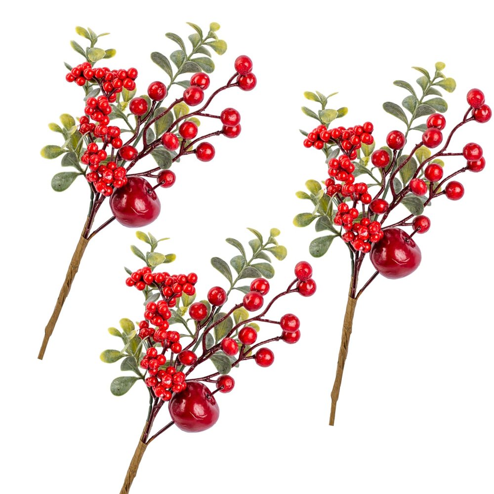 Factory Direct Craft Artificial Apples Berries and Leaves Picks Set of 3 for Christmas Arrangements and Holiday Decorating - 11 Inches High