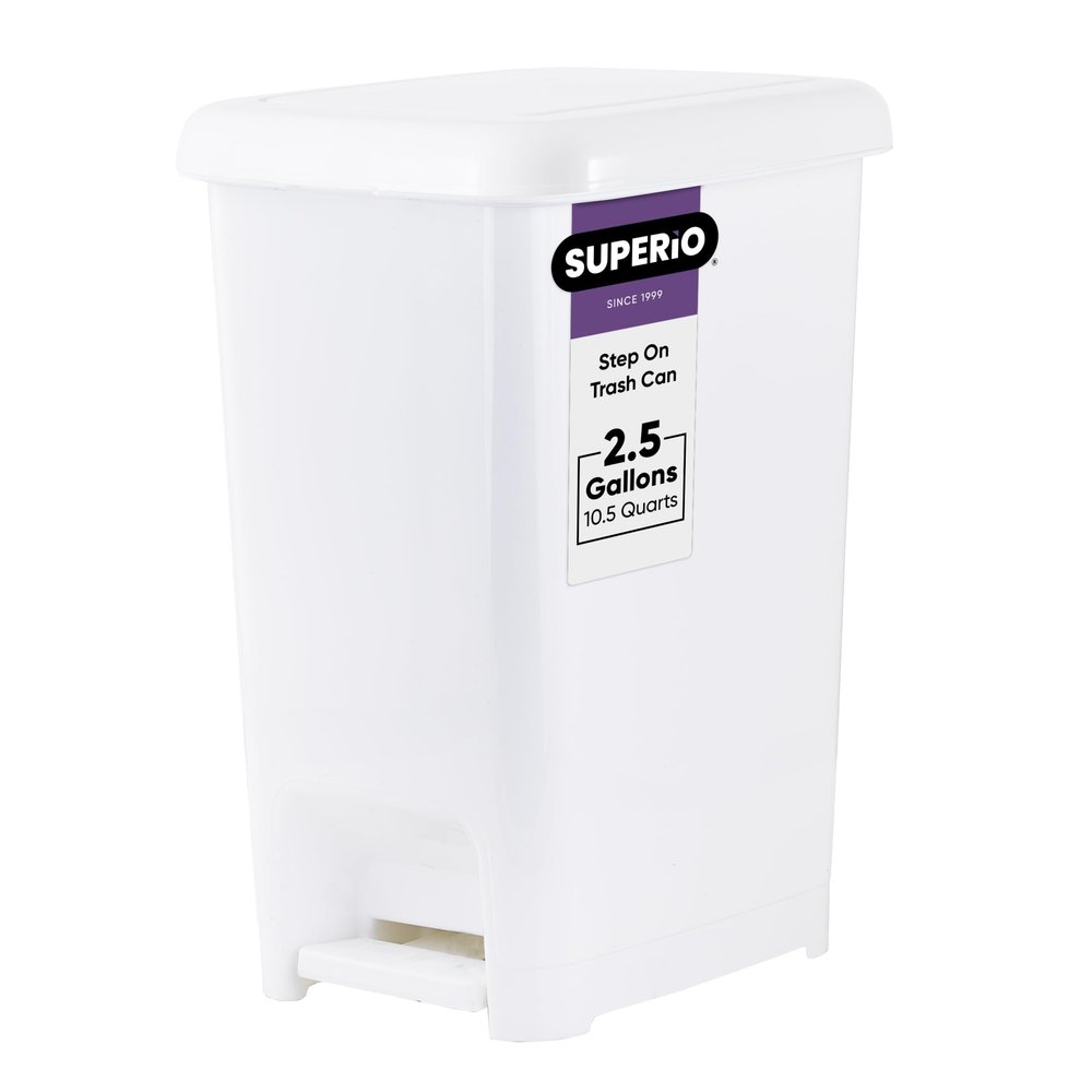 Superio Slim Trash Can with Foot Pedal  2.5 Gallon Step-On Trash Can with Lid, Small Plastic Garbage Can, Mini Trash Can for Bathroom, Kitchen, Office, Under Desk, Bedroom, Dorm  White