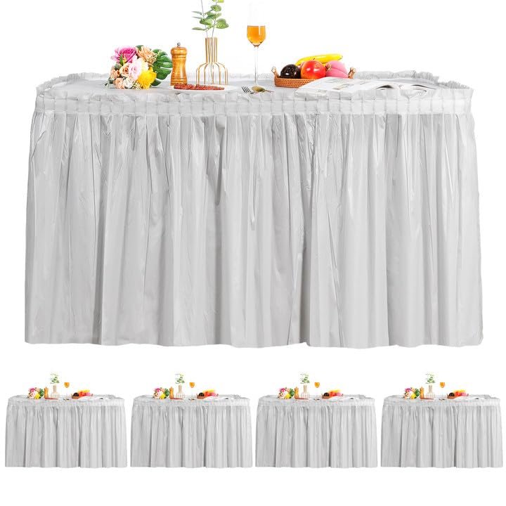 5 Pack Plastic Table Skirts & Cloths for Rectangle Tables, 14 Ft Blue Tableskirts & 54" x 108" Tablecloths, Disposable Tablecloth Skirt Covers for Party (Gray)