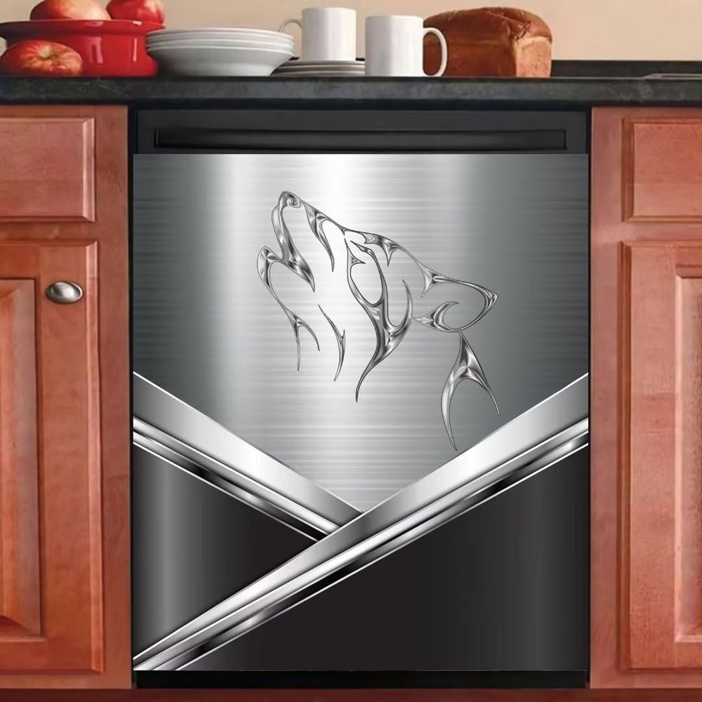 MLGB Metal Wolf Magnet Dishwasher Cover Vinyl Decal, Stainless Steel Covers for Appliances Refrigerator, Animal Magnetic Dishwasher Sticker, 23" x 26" Magnetic