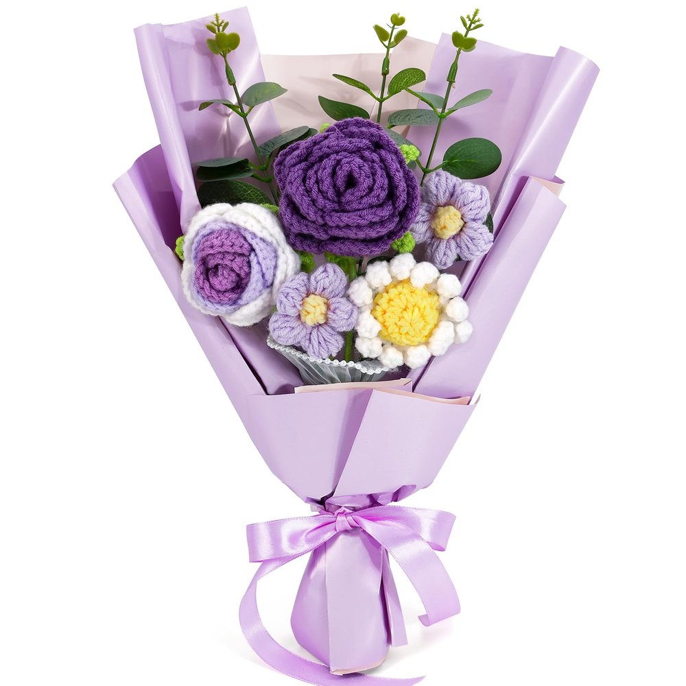 Omldggr Crochet Flowers Bouquet, Knitted Rose Daisy Bouquet with Exquisite Purple Wrap Eternal Blessing for Mom Gift, Christmas Valentine's Day Birthday Wedding for Her