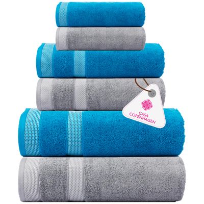 CASA COPENHAGEN Solitaire Mix 6 Pieces Towel Set- Grey Violet + Teal, 600 GSM 2Bath Towel 2Hand Towel 2Washcloth, Designed in Denmark Made of Soft Egyptian Cotton for Bathroom, Kitchen & Shower