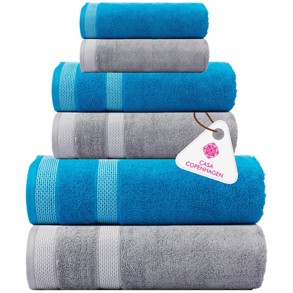 CASA COPENHAGEN Solitaire Mix 6 Pieces Towel Set- Grey Violet + Teal, 600 GSM 2Bath Towel 2Hand Towel 2Washcloth, Designed in Denmark Made of Soft Egyptian Cotton for Bathroom, Kitchen & Shower