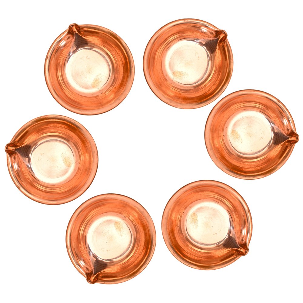 Copper Diya Set of 6 Deepak Long Wick Diva Traditional Indian Festival Dcor Decoration for Pooja Temple Mandir Home Karthik Deepam Decorative Lighting Accessories and Gifting (Copper Diya)