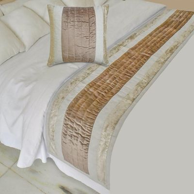 The HomeCentric King/Queen/Twin Beige Designer Queen 74"x18" Bed Runner with Two Pillow Cover, Velvet & Patchwork Bed Scarf on Velvet Fabric - Luxe Velvet Lines