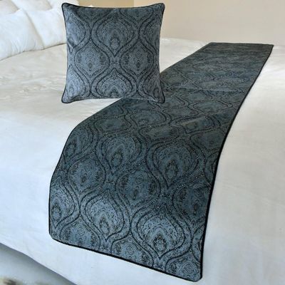 The HomeCentric King/Queen/Twin Gray Decorative Full 68"x18" Bed Runner with Two Pillow Cover, Damask, Victorian & Bead Embroidery Bed Scarf on Suede Fabric - Beatrice