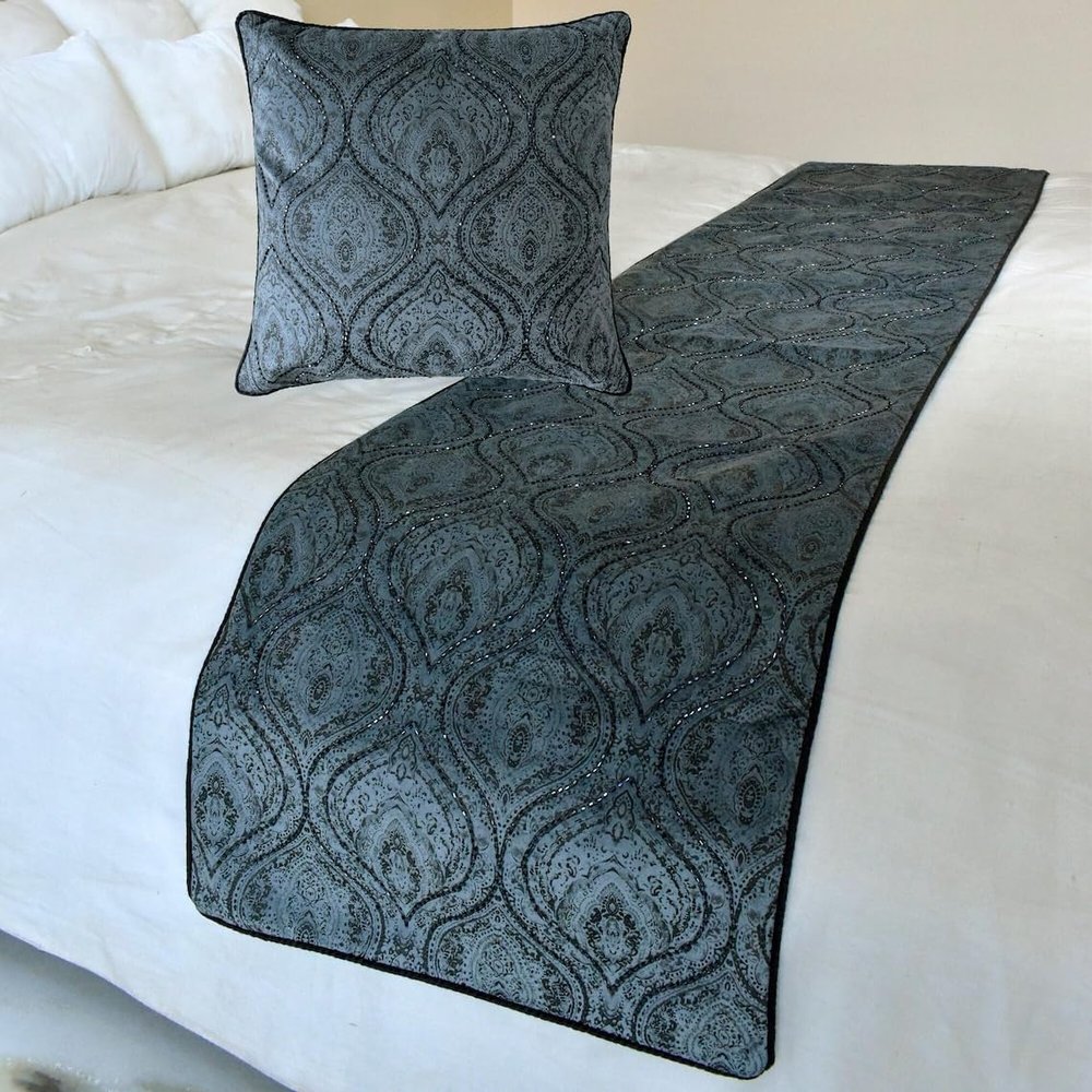 The HomeCentric King/Queen/Twin Gray Decorative Full 68"x18" Bed Runner with Two Pillow Cover, Damask, Victorian & Bead Embroidery Bed Scarf on Suede Fabric - Beatrice