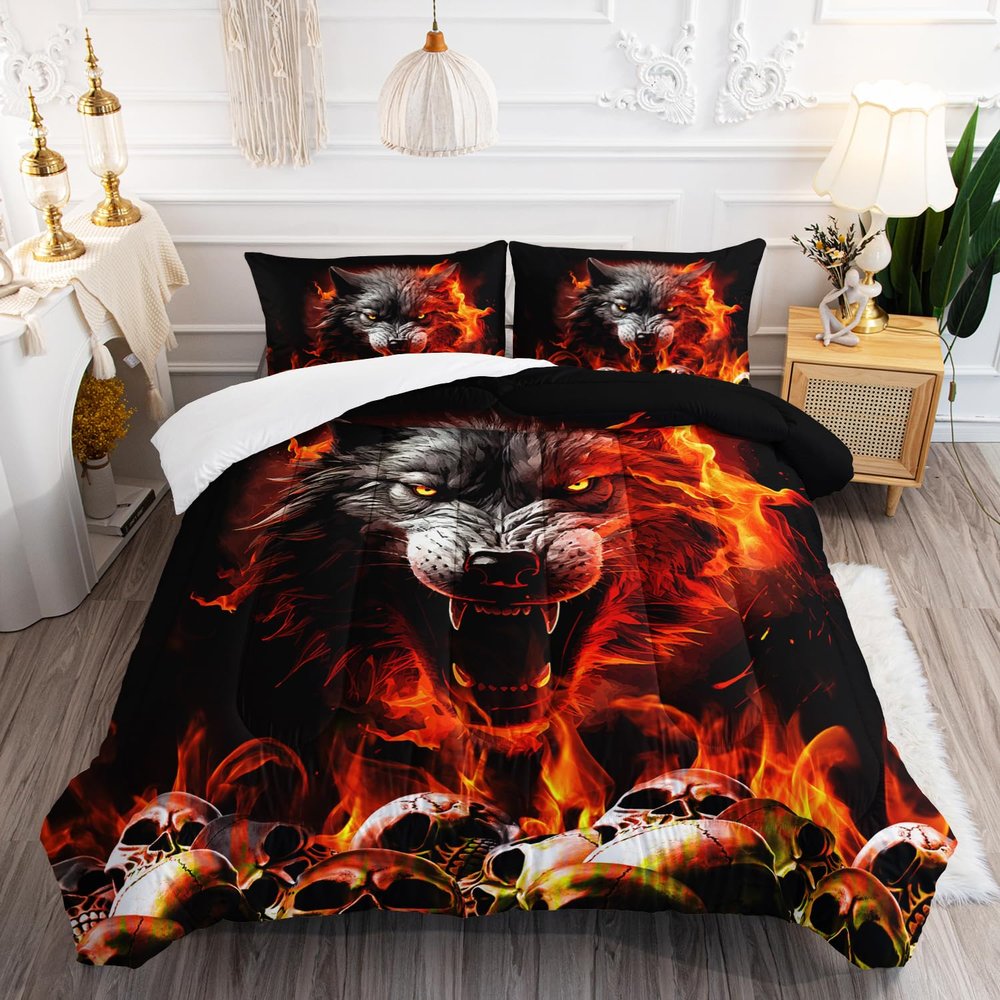 AILONEN Howling Wolf Comforter Set Full Size, 3D Fire Wolf Skull Bedding Set,Cartoon Animals Wolf Print Duvet Set for Boys Girls,3 Pieces, 1 Quilt and 2 Pillowcases