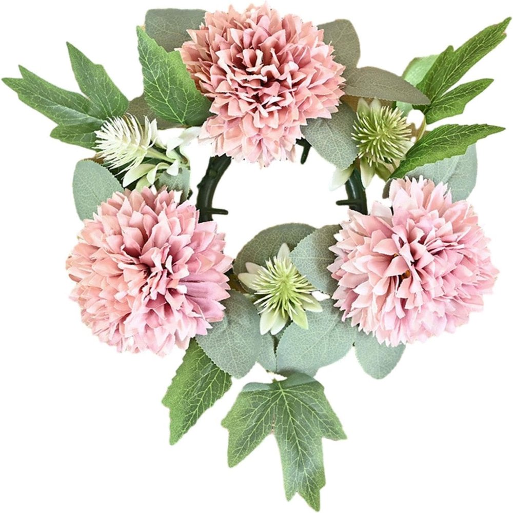 Christmas Candle Ring Greenery Wreath Candle Holder Christmas Candle Wreath Mini Flower Candleholder Wreaths for Xmas Living Room Tabletop Decorations - Pink