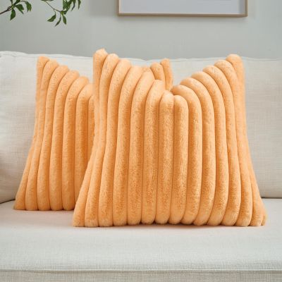 FUTEI Orange Throw Pillow Covers Set of 2, 16x16 Inch Soft Faux Rabbit Fur Striped Texture Cushion Cases, Modern Decorative Couch Pillows for Living Room Bed