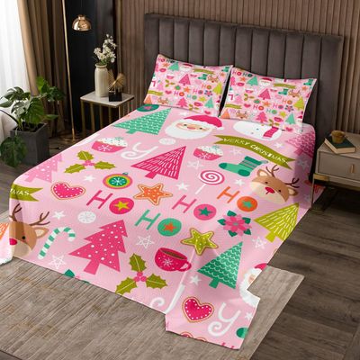 Merry Christmas Kids Bedspread Queen Size,Cartoon Santa Claus Snowman Quilted Coverlet,Boys Girls Adults Room Decor,Christmas Trees Deer Cute Coverlet Set,Pink Romantic Bedding Quilt,2 Pillowcases