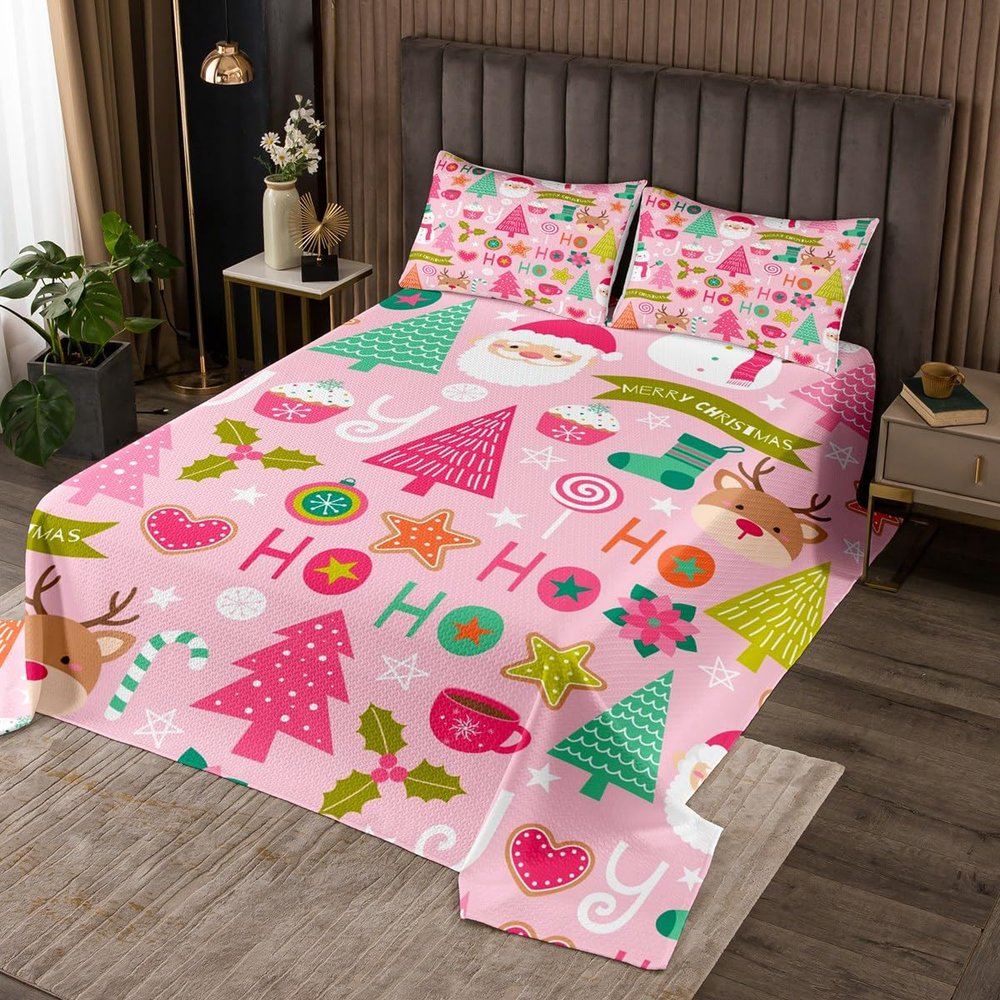 Merry Christmas Kids Bedspread Queen Size,Cartoon Santa Claus Snowman Quilted Coverlet,Boys Girls Adults Room Decor,Christmas Trees Deer Cute Coverlet Set,Pink Romantic Bedding Quilt,2 Pillowcases