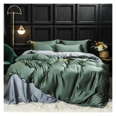 Bed, Luxury 100% Silk Bedding Set Green Gray Super Soft Quilt Cover Flat Sheet Pillowcase Queen King Bed Set