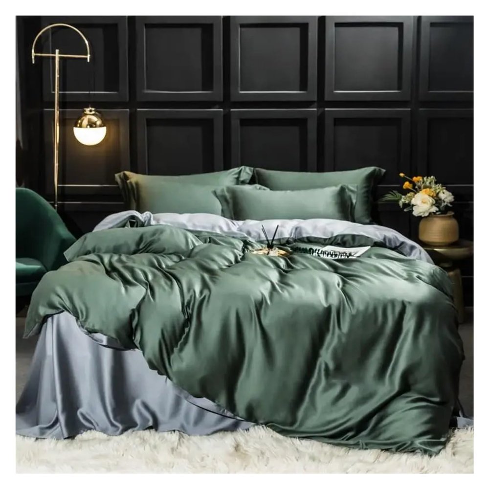 Bed, Luxury 100% Silk Bedding Set Green Gray Super Soft Quilt Cover Flat Sheet Pillowcase Queen King Bed Set