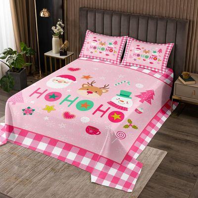 Merry Christmas Kids Bedspread Queen Size,Cartoon Santa Claus Snowman Deer Quilted Coverlet,Boys Girls Adults Room Decor,Geometric Grids Fashion Coverlet Set,Pink Xmas Bedding Quilt,2 Pillowcases