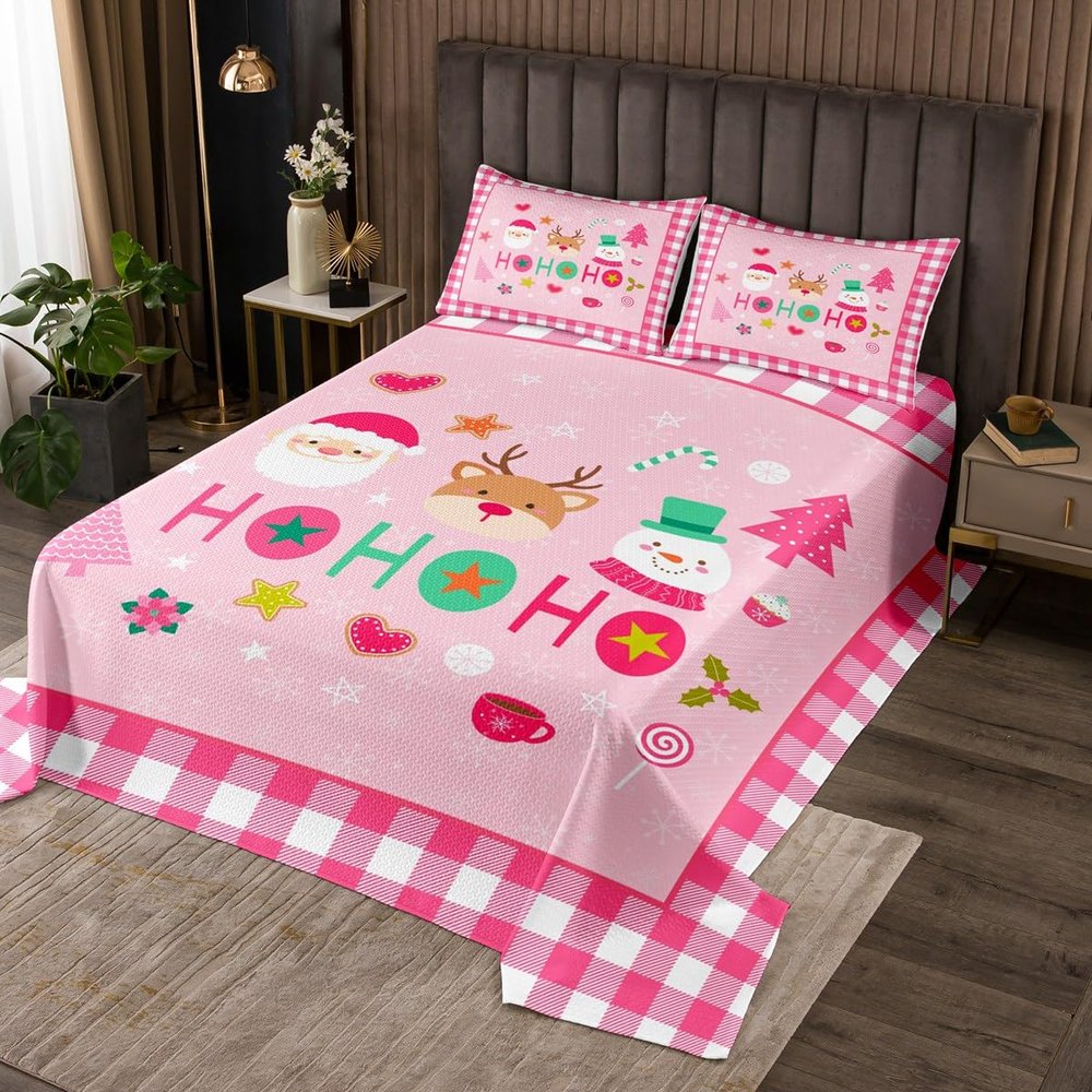Merry Christmas Kids Bedspread Queen Size,Cartoon Santa Claus Snowman Deer Quilted Coverlet,Boys Girls Adults Room Decor,Geometric Grids Fashion Coverlet Set,Pink Xmas Bedding Quilt,2 Pillowcases
