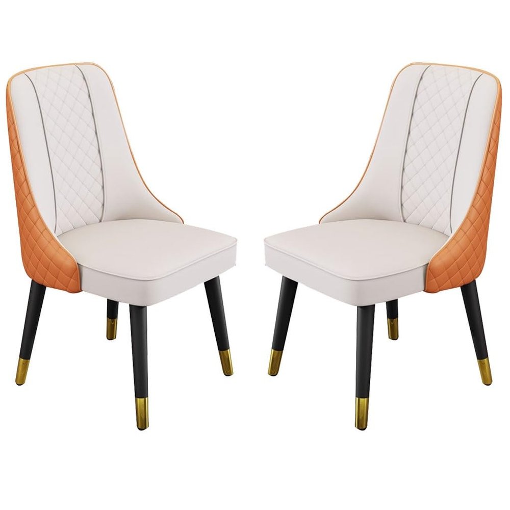 AYARNA Micro Fiber Leather Dining Chairs Set of 2 Kitchen Living Room Lounge Counter Chairs Wooden Legs Backrest Chair(White+Orange)
