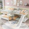 Full and Twin Size L-Shaped Bunk Bed with Slide and Short Ladder,White view 1