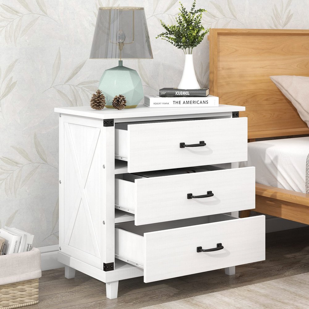 Modern Bedroom Nightstand with 3 Drawers Storage, White