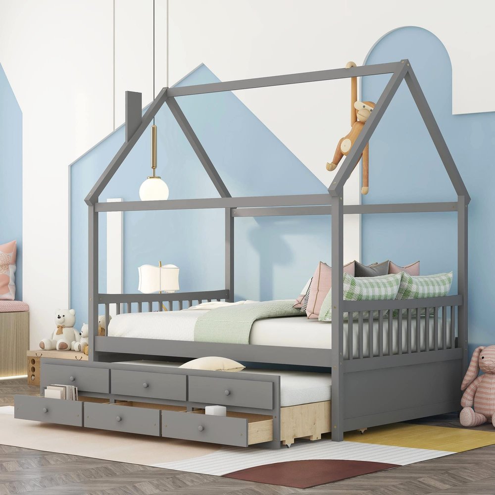 Full Size Wooden House Bed with Trundle and 3 Storage Drawers-Grey