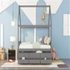 Full Size Wooden House Bed with Trundle and 3 Storage Drawers-Grey view 3