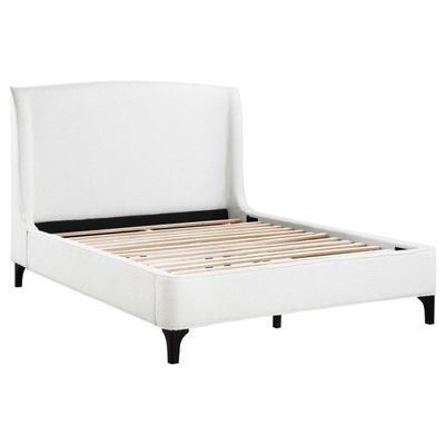 Benjara Mabe King Size Bed, Wingback Curved Headboard, White Fabric Upholstery