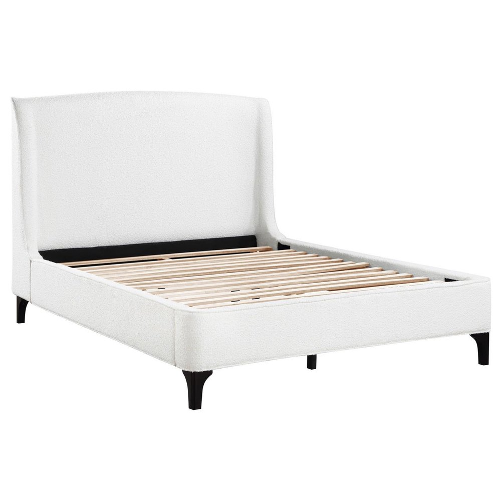 Benjara Mabe King Size Bed, Wingback Curved Headboard, White Fabric Upholstery