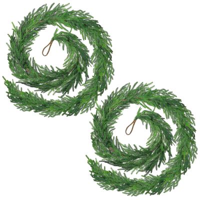 2PCS Christmas Norfolk Pine Garland, 9 ft Artificial Green Garland Holiday Decoration Outdoor Indoor for Stairs Railing Fireplace