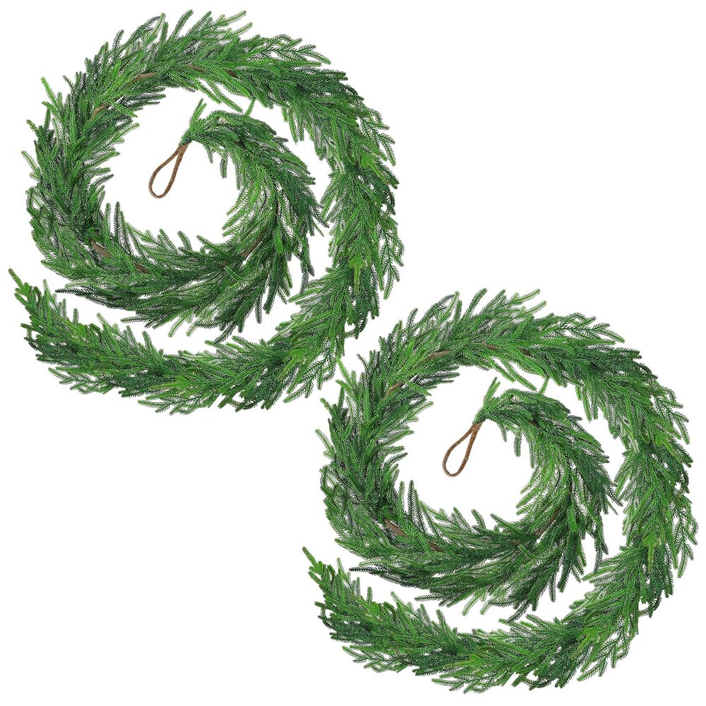 2PCS Christmas Norfolk Pine Garland, 9 ft Artificial Green Garland Holiday Decoration Outdoor Indoor for Stairs Railing Fireplace