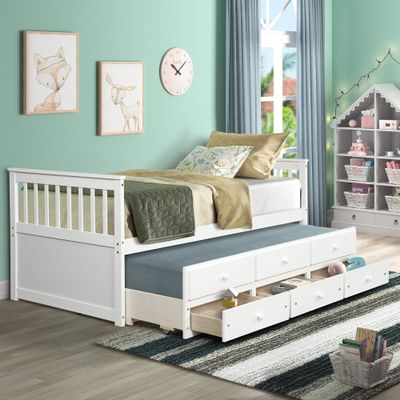 Captain's Bed Twin Daybed with Trundle Bed and Storage Drawers, White