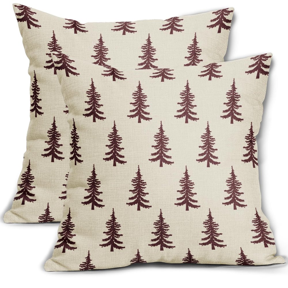 Aytipun Burgundy Christmas Tree Pillow Covers 16x16 Set of 2 Xmas Rustic Style Winter Print Decorative Outdoor Pillowcases Farmhouse Holiday Throw Cushion Case Decor for Couch Sofa Bed