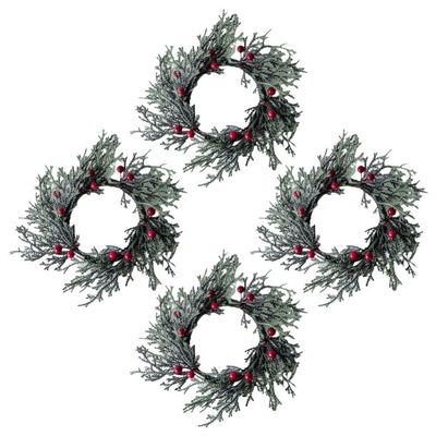 ABOOFAN 4pcs Christmas Candle Rings Wreath Holly Leaves Red Berry Wreath Candle Holder Mini Wreaths for Pillar Kitchen Cabinet Christmas Window Home Table Centerpiece